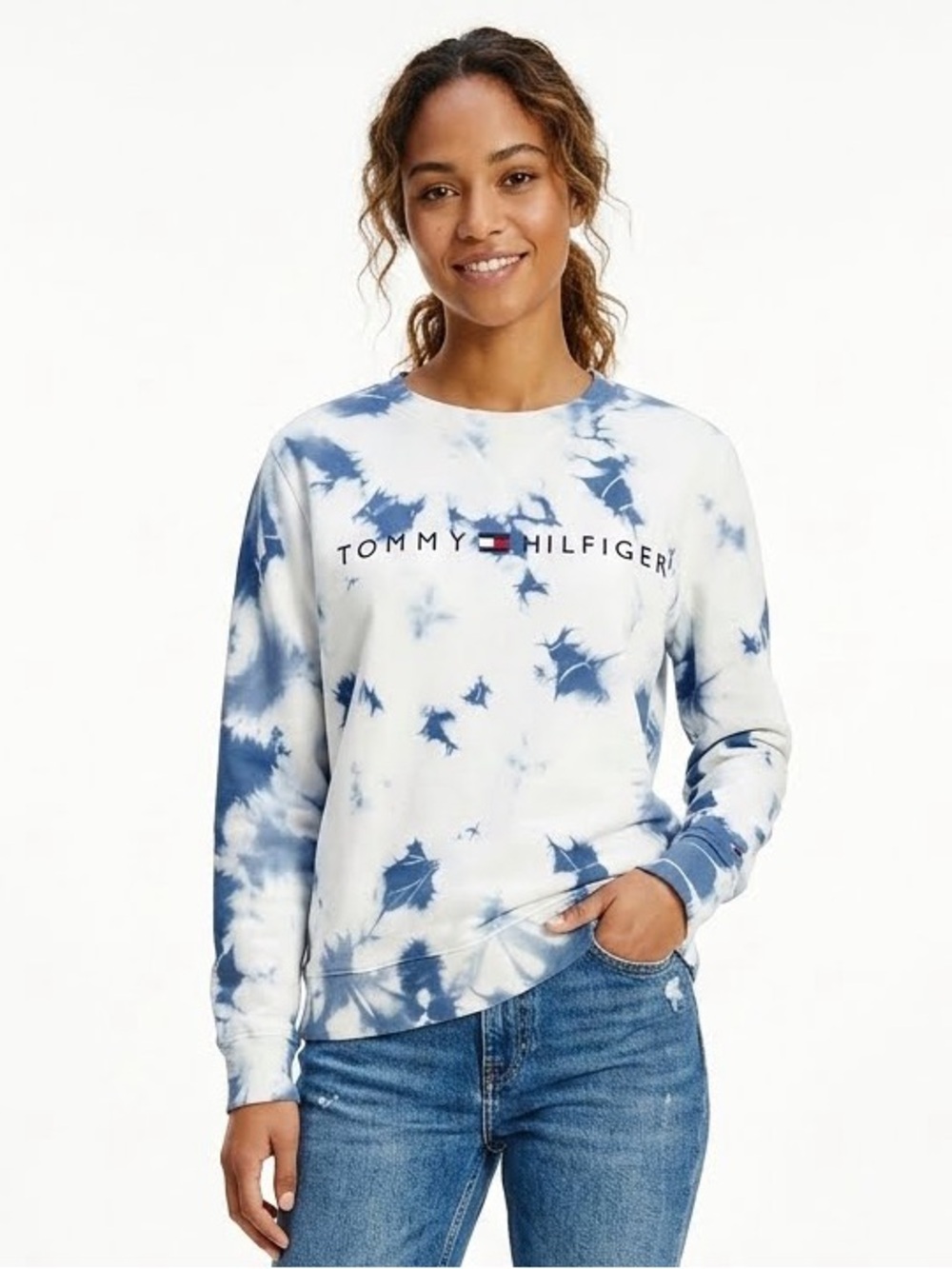 TOMMY HILFIGER Tie Dye Blue White Crew Neck L/S Sweatshirt M Medium EUC KP $60